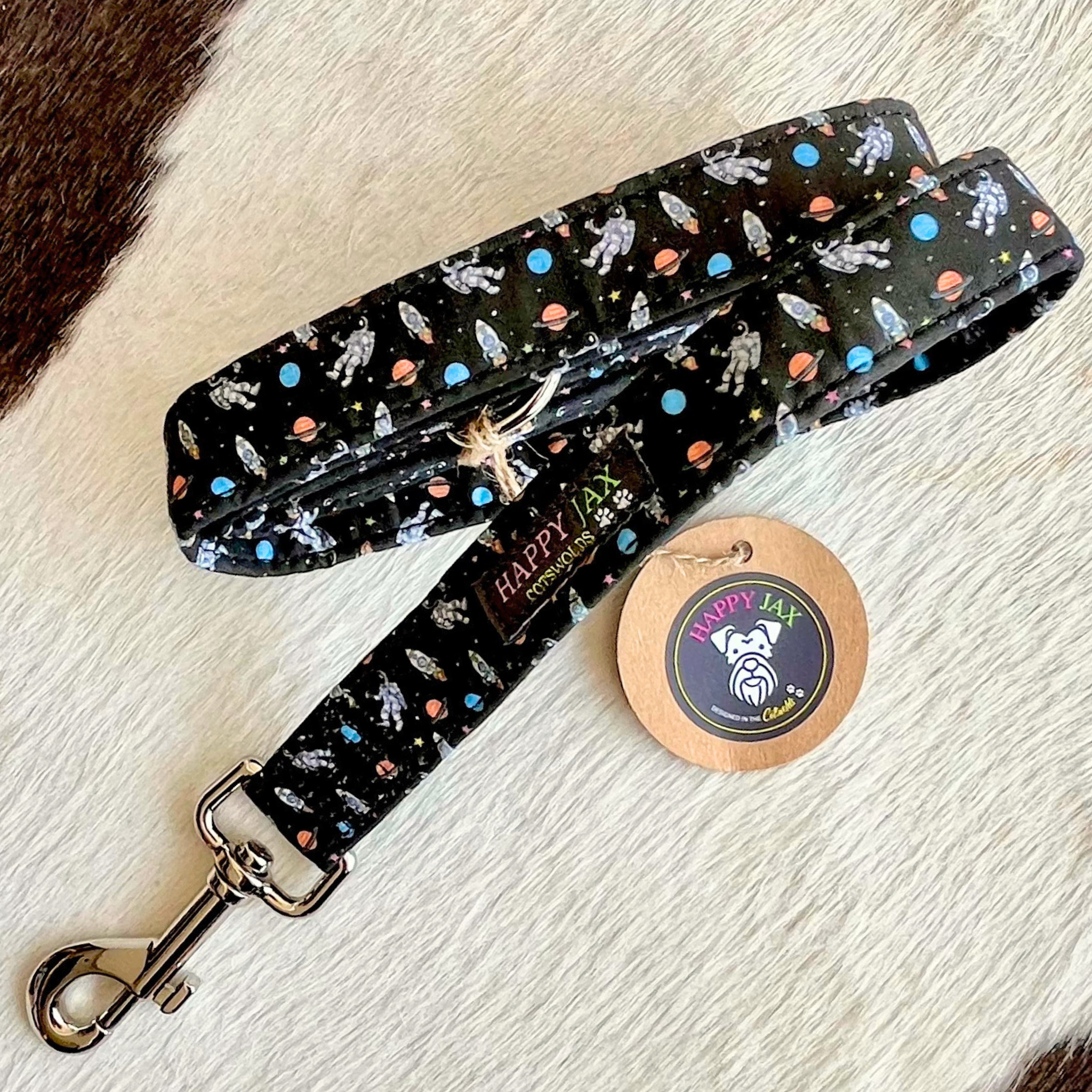 Dog leash with space pattern and 'Happy Jax'