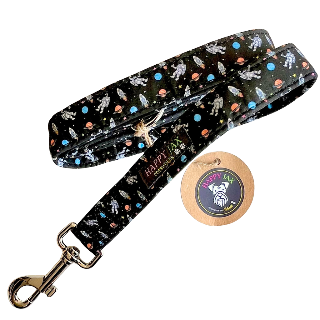 Dog leash with space-themed design and Happy Jax logo