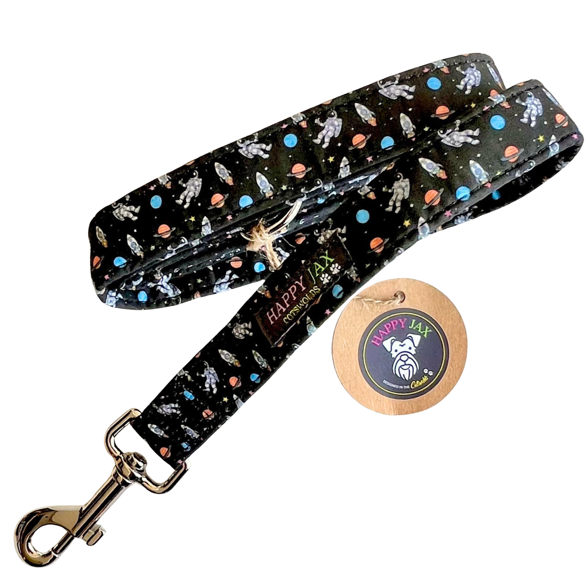 Dog leash with space-themed design and Happy Jax logo