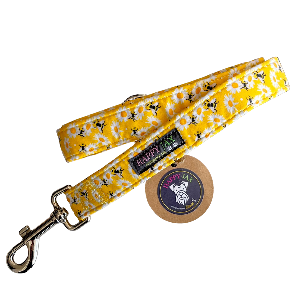 Yellow dog leash with floral pattern and 'Happy Jax' branding