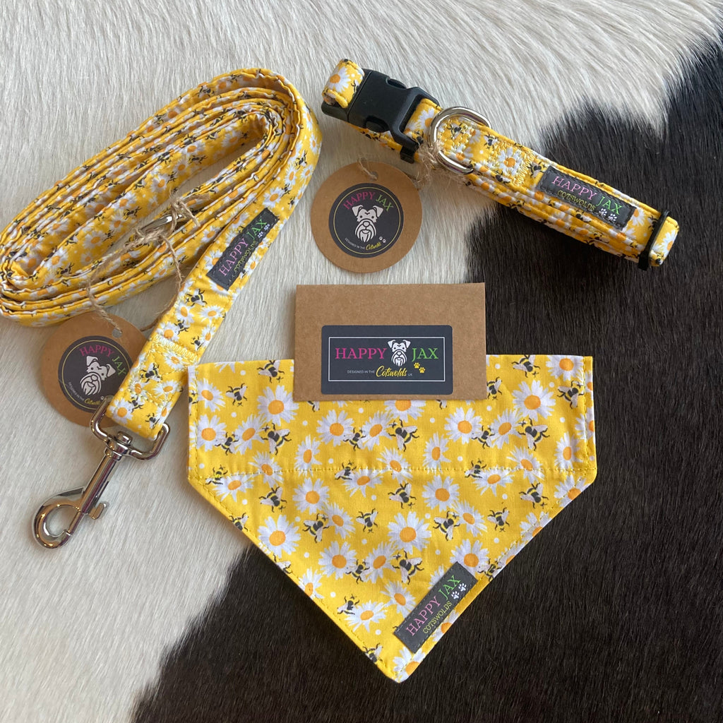 Bundle with an animal collar, bandana and lead in a bright and colourful design of honey bees and daisies on a yellow background. Products are suitable for both cats and dogs and available in a range of sizes, made with cotton and designed in the Cotswolds.