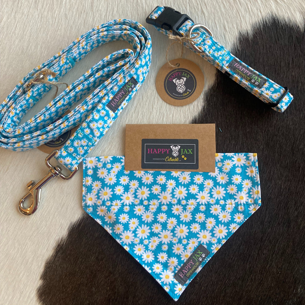 Bundle with an animal collar, bandana and lead in a bright and colourful design of white daisies on a bright blue background. Products are suitable for both cats and dogs and available in a range of sizes, made with cotton and designed in the Cotswolds.