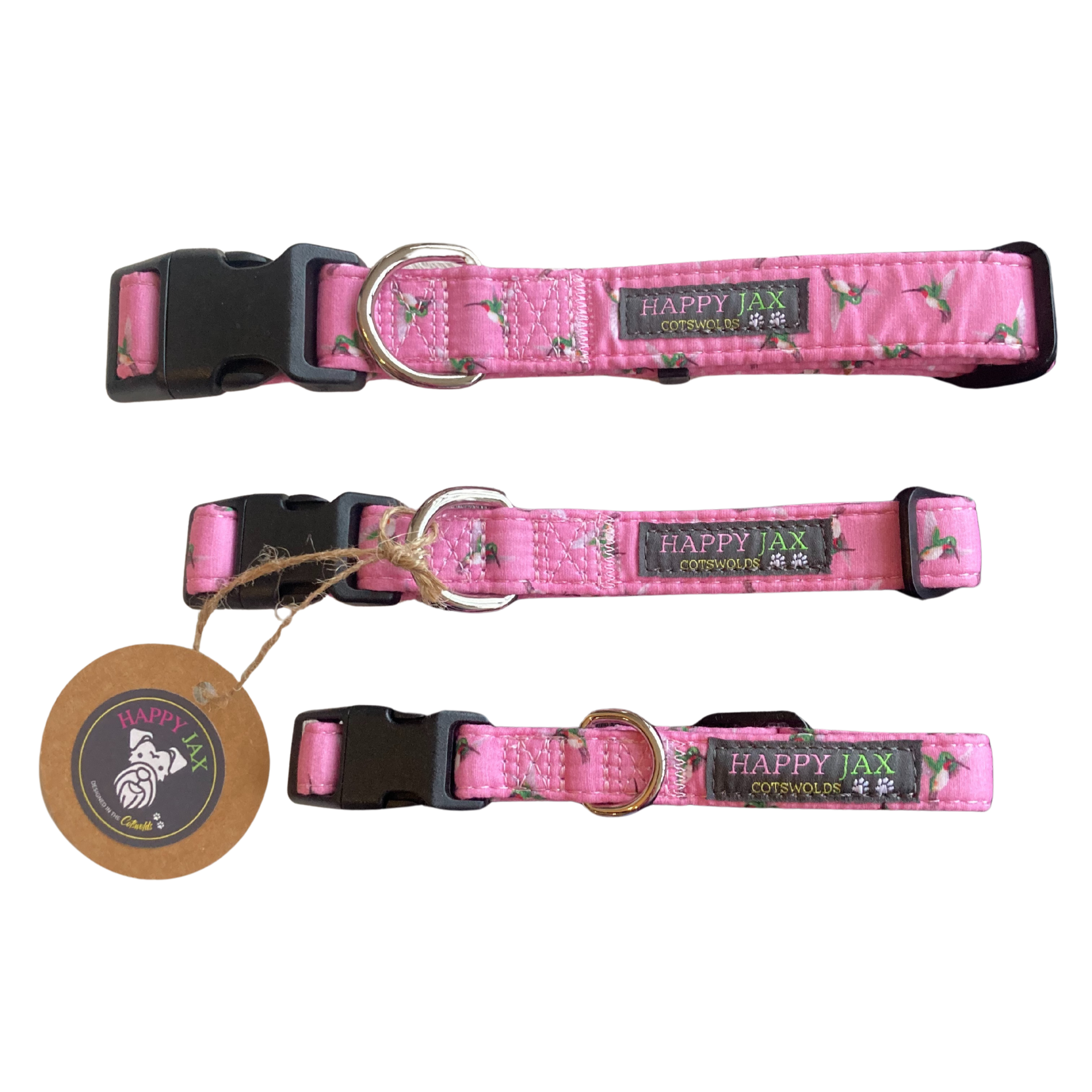 Set of three pink dog collars with 'Happy Jax' branding