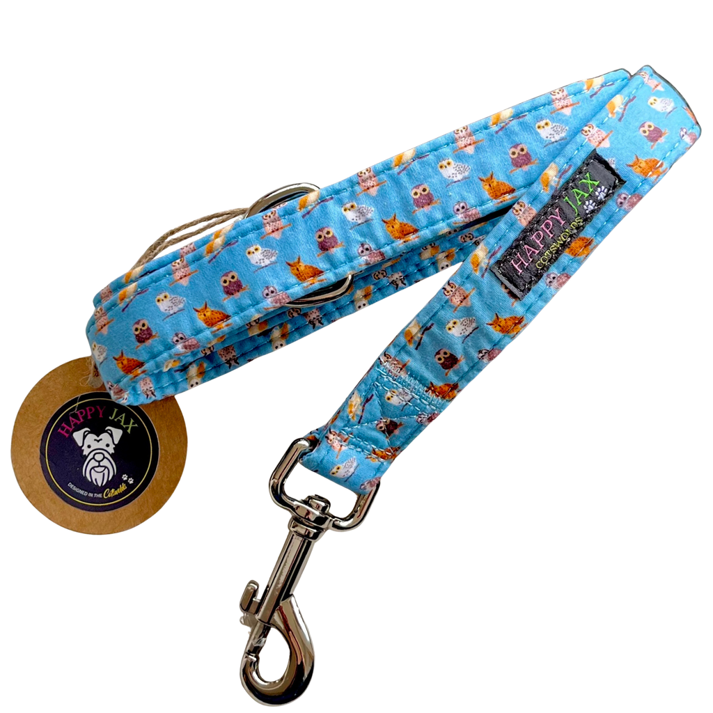 Dog leash with owl pattern on a blue background and 'Happy Jax' logo