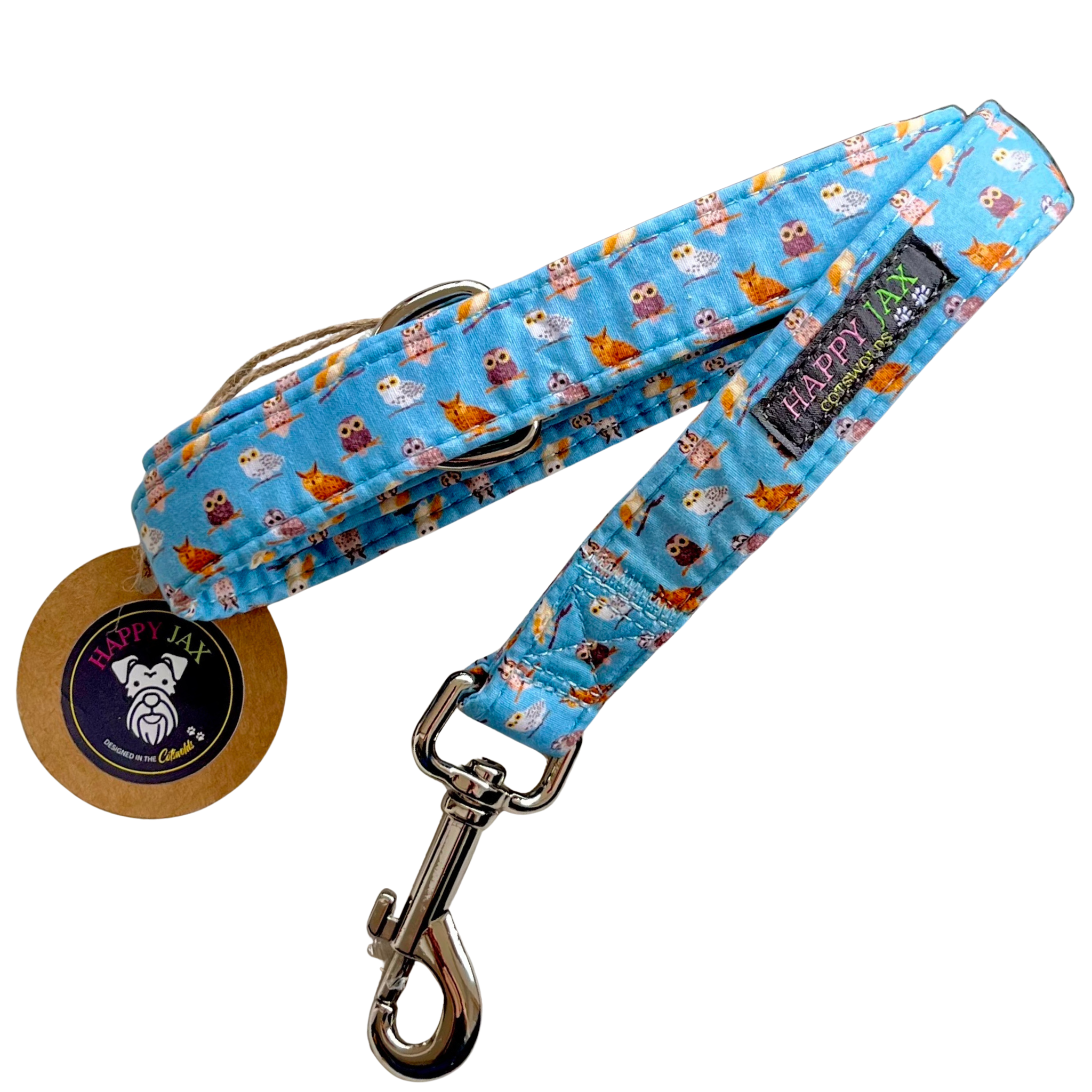 Dog leash with owl pattern on a blue background and 'Happy Jax' logo