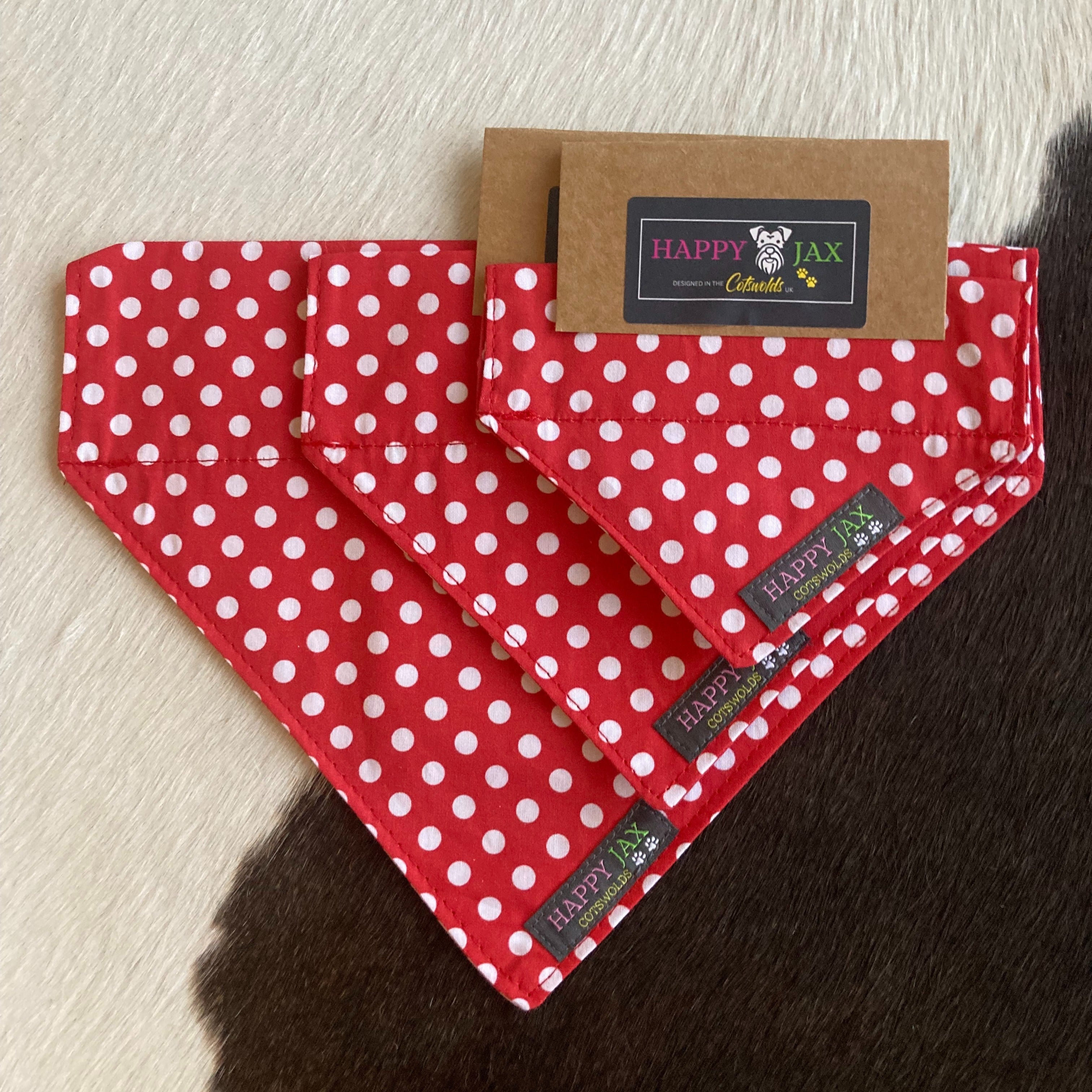 3 white polka dot on red background bandanas showing our range of sizes suitable for our matching cat and dog collars