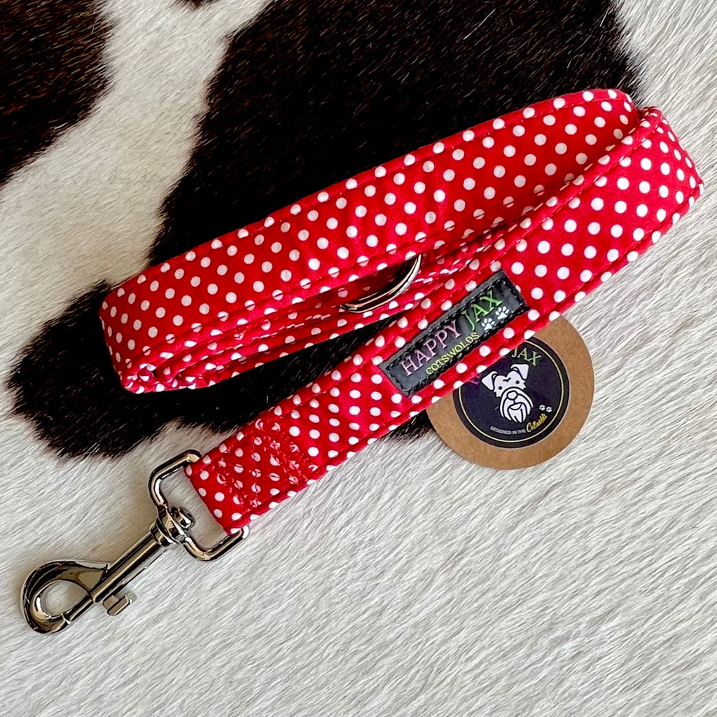 Red polka dot dog leash with a metal clip on a textured surface