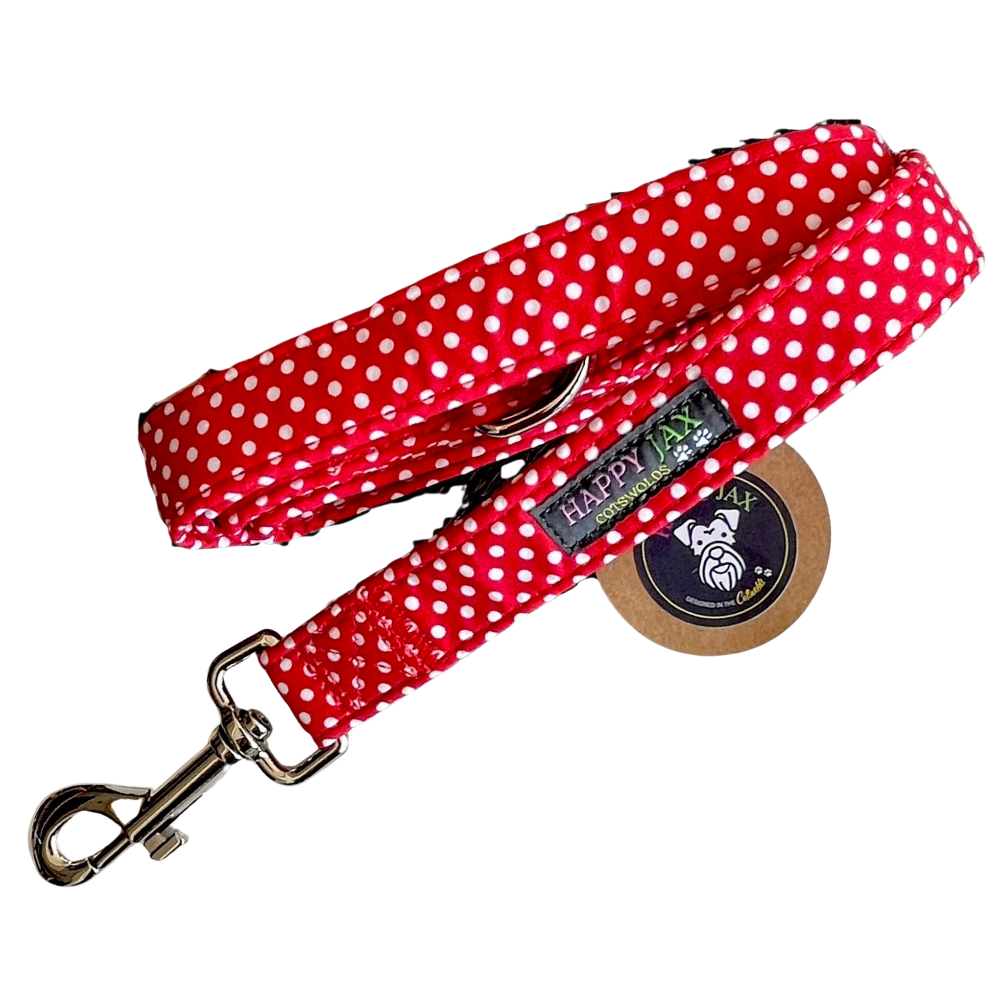 Red polka dot dog leash with a metal clip