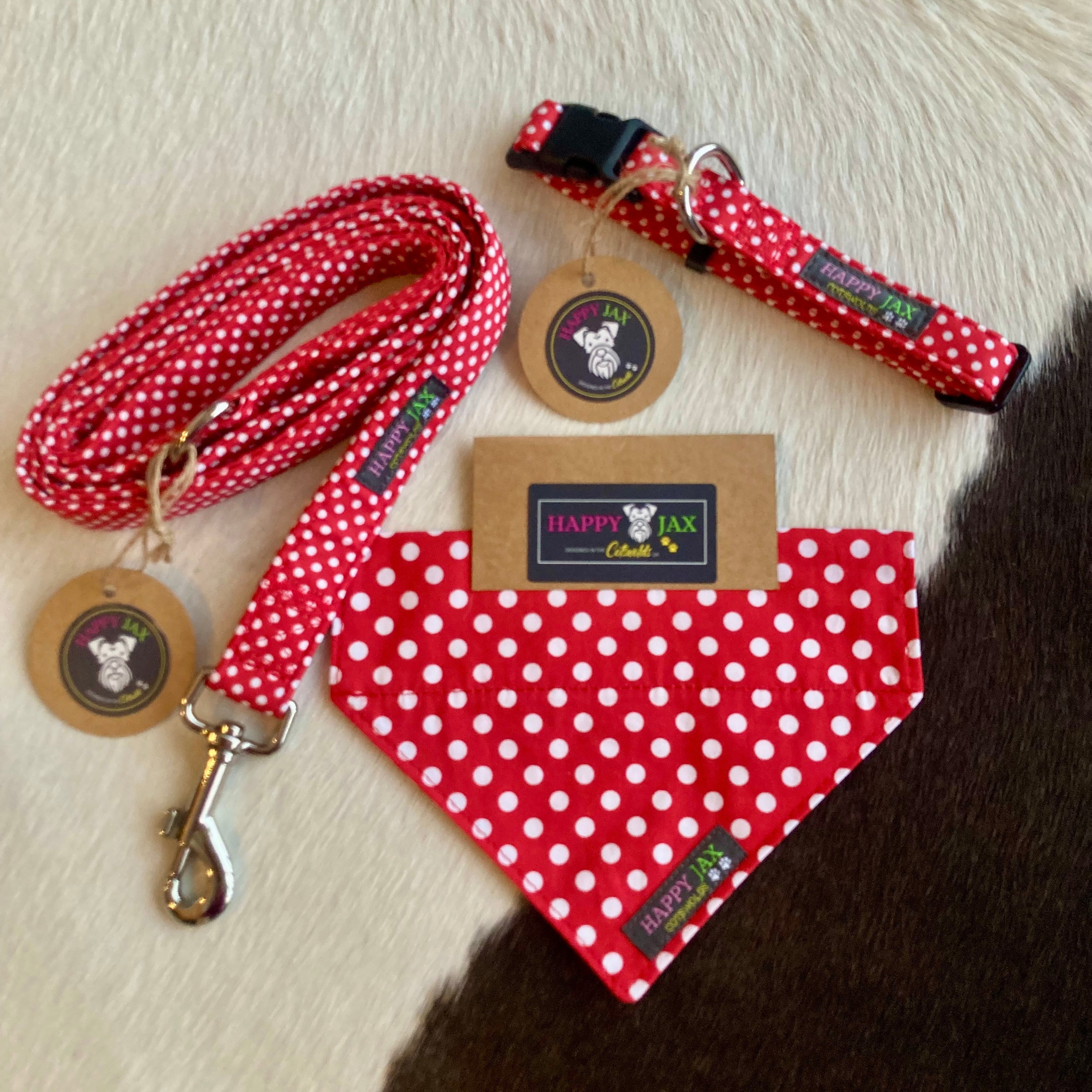 Bundle with an animal collar, bandana and lead in a bright and colourful design of white polka dots on a red background. Products are suitable for both cats and dogs and available in a range of sizes, made with cotton and designed in the Cotswolds.